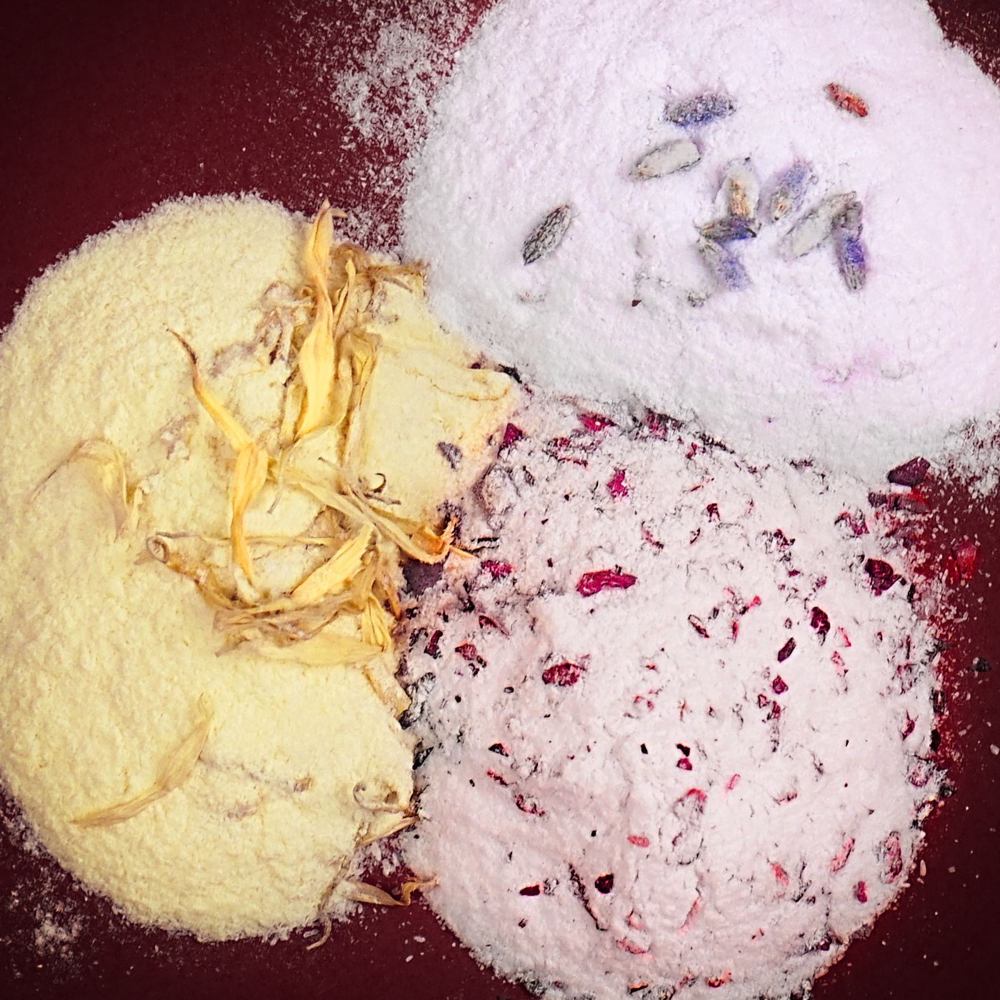 Calendula, lavender and rose flower powders